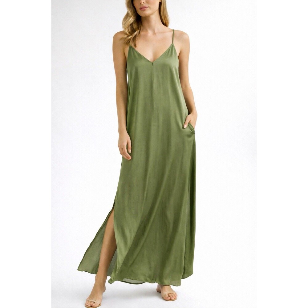 Satin Slip Maxi Dress Olive Green V Neck Strappy Pockets Flowy M